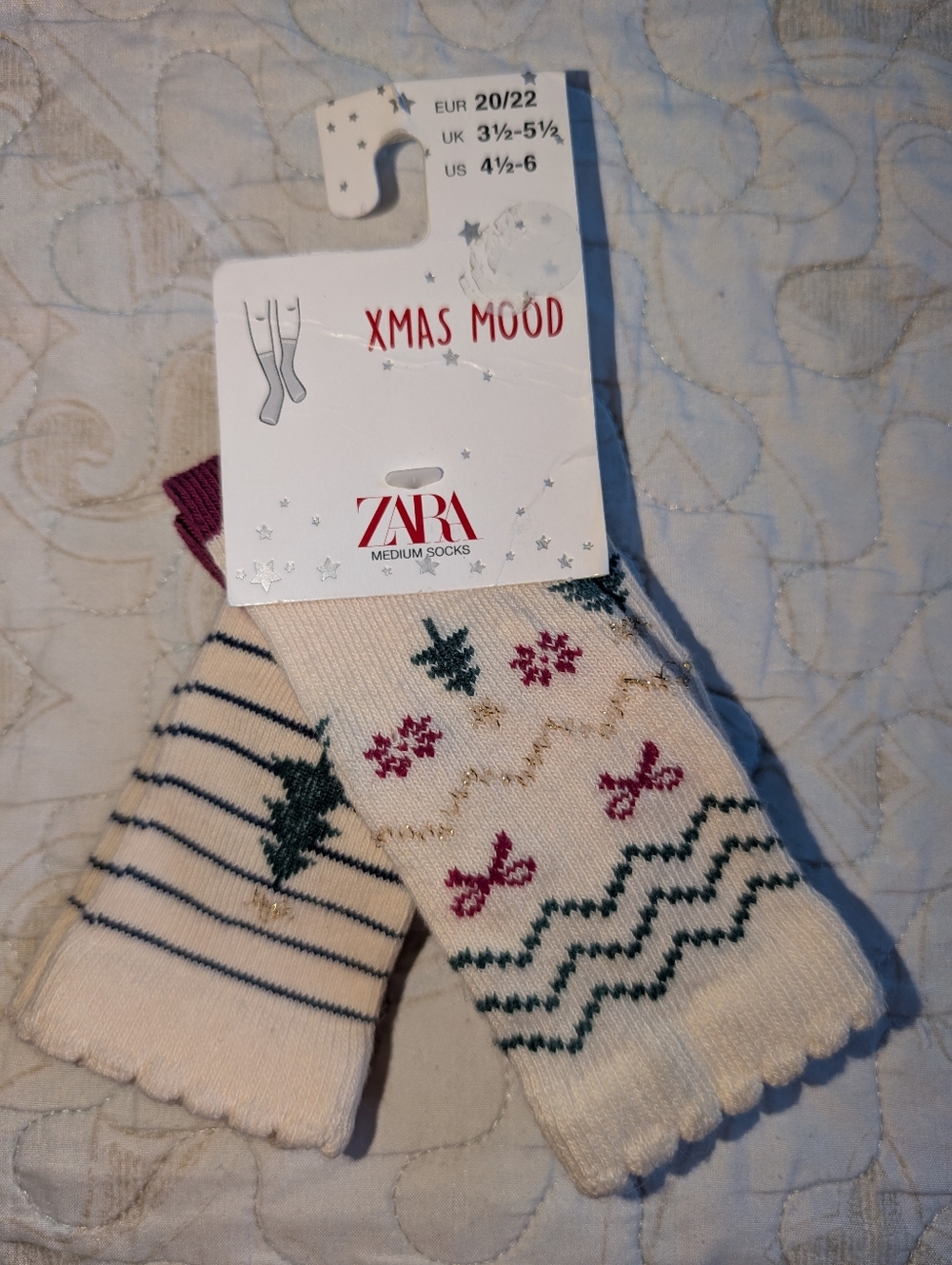 🆕 Zara Cream Holiday Christmas Motif Toddlers Socks 2 Pair Green Berry Accents